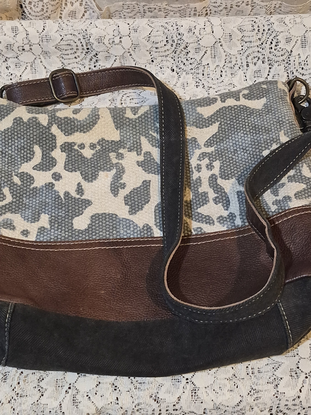 Myra Bag Upcycled Canvas Leather Western Boho Shoulder Bag 22" Strap